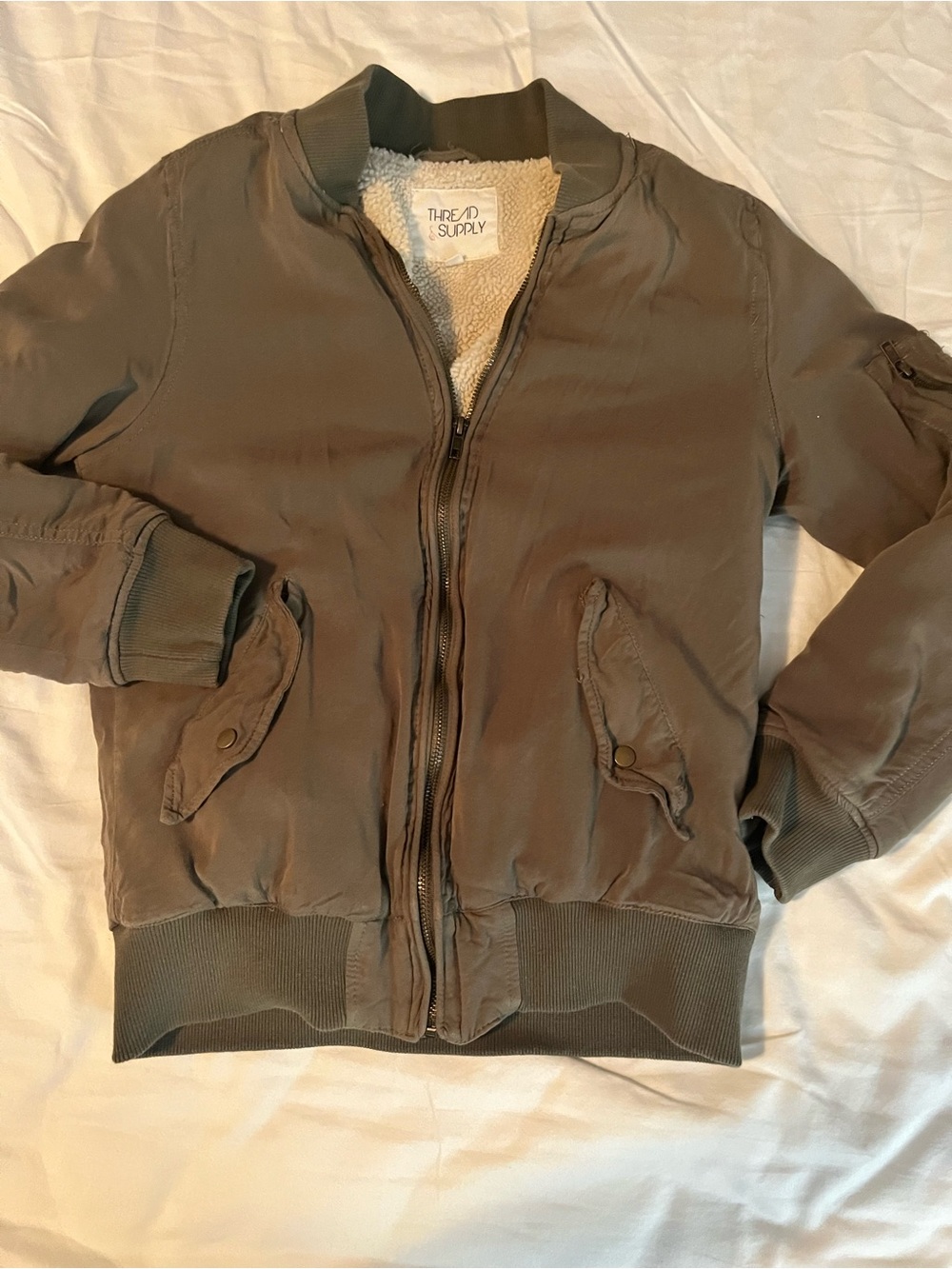 Thread & Supply Olive Green Bomber Jacket with Sherpa Lining